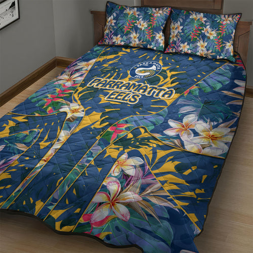 Parramatta Eels Quilt Bed Set Tropical Hibiscus Floral Pattern With Blue And Yellow Accents