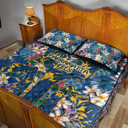 Parramatta Eels Quilt Bed Set Tropical Hibiscus Floral Pattern With Blue And Yellow Accents