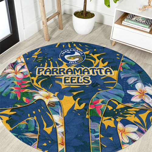 Parramatta Eels Round Carpet Tropical Hibiscus Floral Pattern With Blue And Yellow Accents
