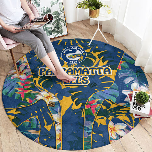 Parramatta Eels Round Carpet Tropical Hibiscus Floral Pattern With Blue And Yellow Accents
