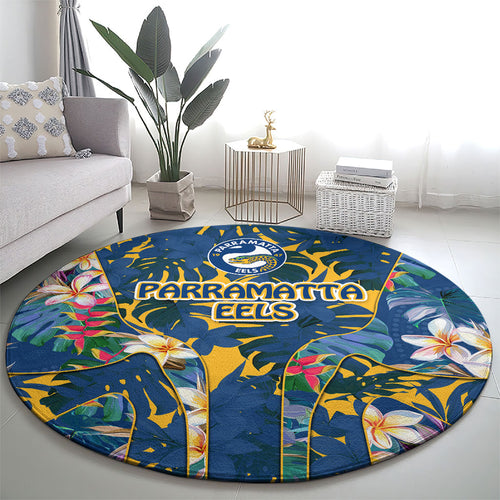 Parramatta Eels Round Carpet Tropical Hibiscus Floral Pattern With Blue And Yellow Accents