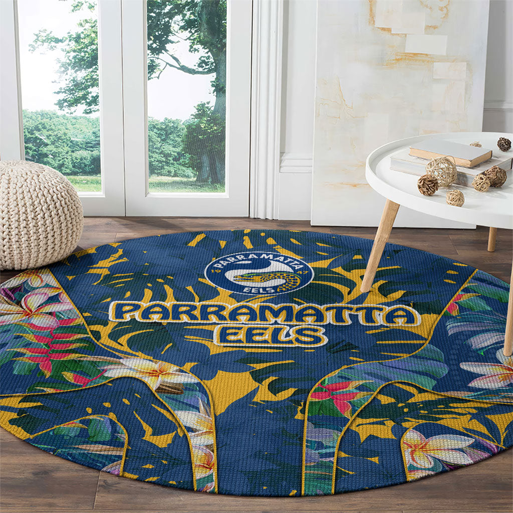 Parramatta Eels Round Carpet Tropical Hibiscus Floral Pattern With Blue And Yellow Accents