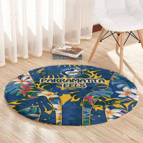 Parramatta Eels Round Carpet Tropical Hibiscus Floral Pattern With Blue And Yellow Accents