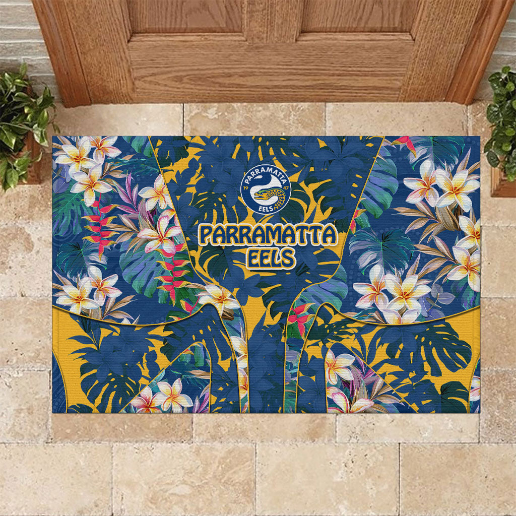 Parramatta Eels Rubber Doormat Tropical Hibiscus Floral Pattern With Blue And Yellow Accents