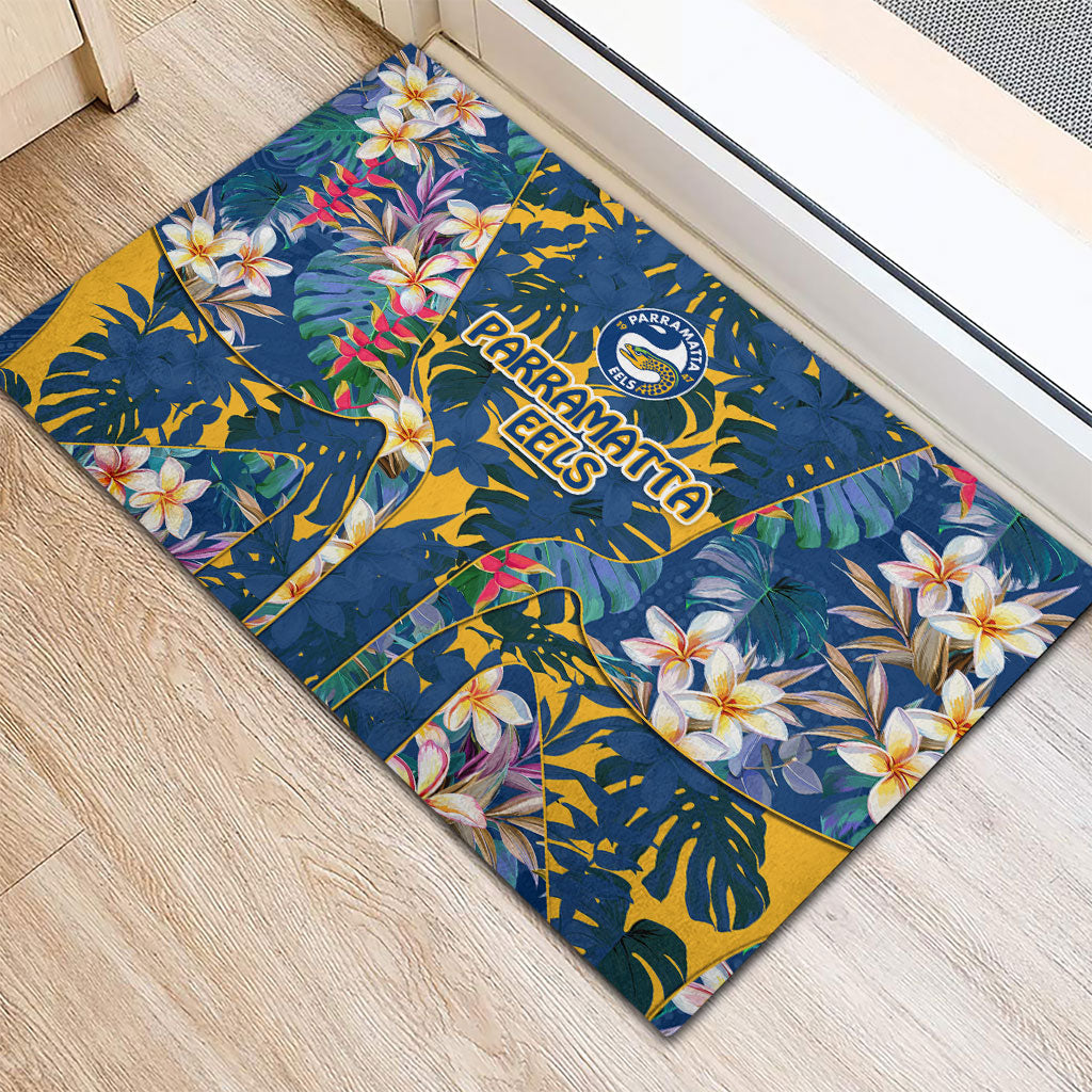 Parramatta Eels Rubber Doormat Tropical Hibiscus Floral Pattern With Blue And Yellow Accents