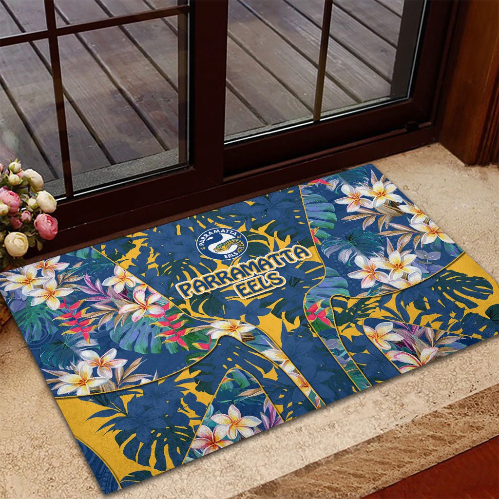 Parramatta Eels Rubber Doormat Tropical Hibiscus Floral Pattern With Blue And Yellow Accents