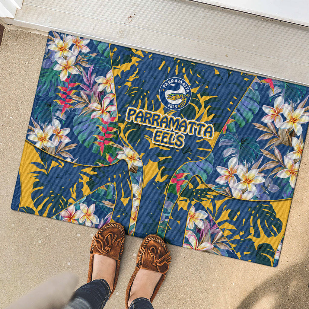 Parramatta Eels Rubber Doormat Tropical Hibiscus Floral Pattern With Blue And Yellow Accents