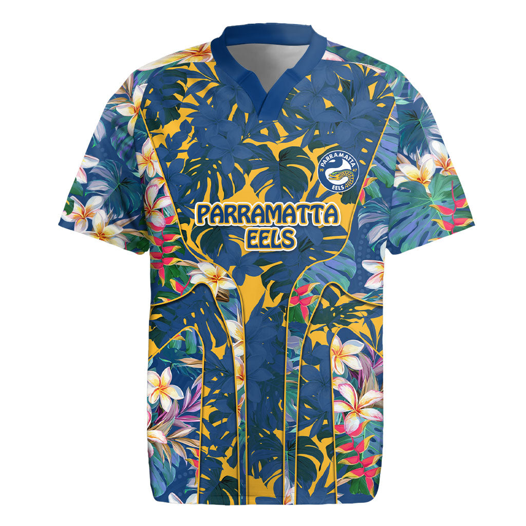 Parramatta Eels Rugby Jersey Tropical Hibiscus Floral Pattern With Blue And Yellow Accents