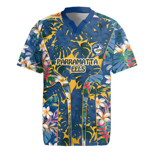 Parramatta Eels Rugby Jersey Tropical Hibiscus Floral Pattern With Blue And Yellow Accents