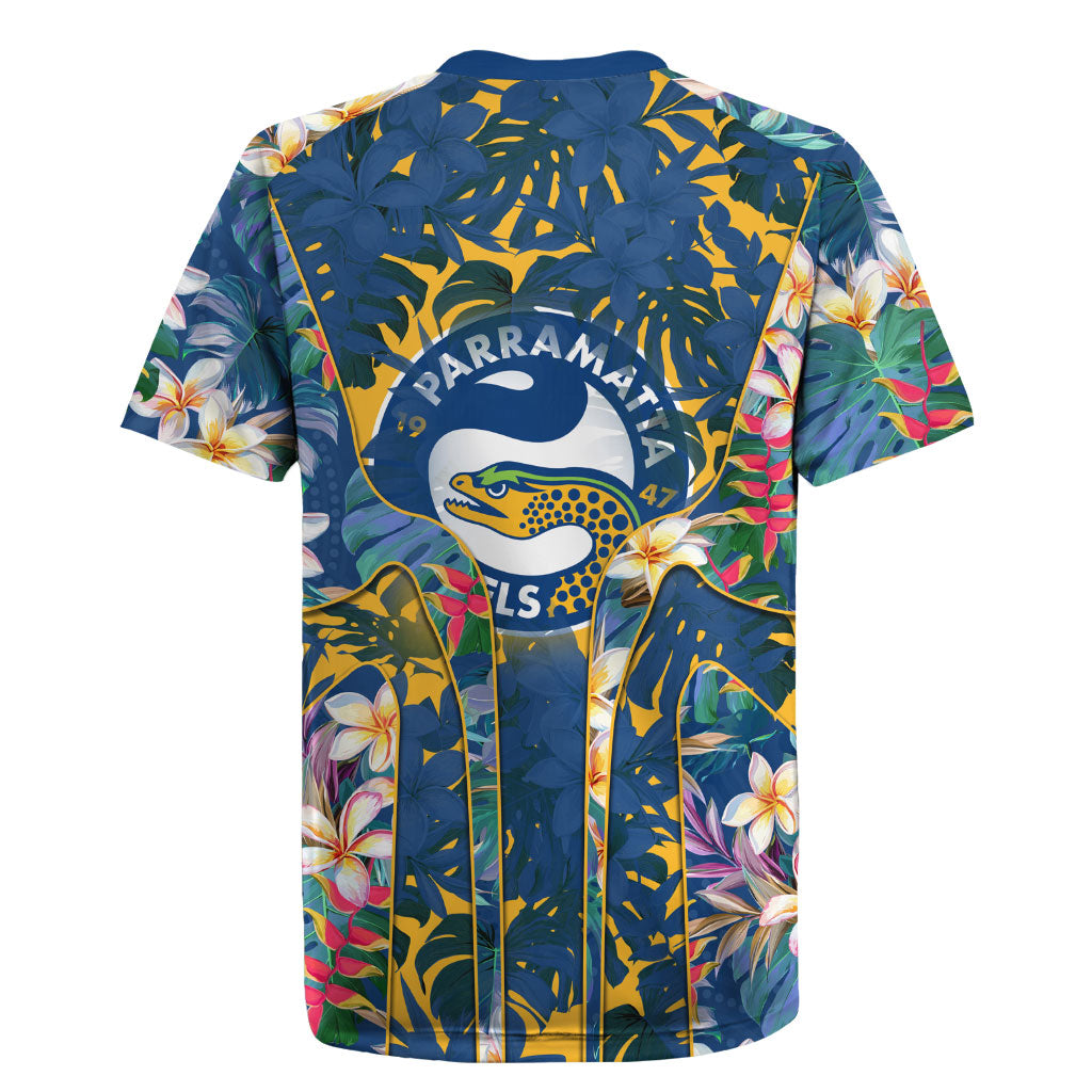 Parramatta Eels Rugby Jersey Tropical Hibiscus Floral Pattern With Blue And Yellow Accents