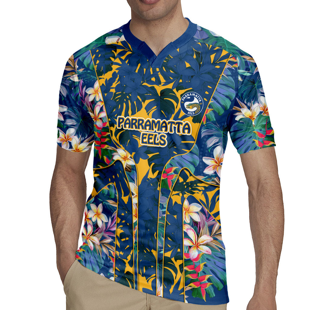 Parramatta Eels Rugby Jersey Tropical Hibiscus Floral Pattern With Blue And Yellow Accents