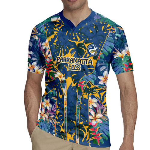 Parramatta Eels Rugby Jersey Tropical Hibiscus Floral Pattern With Blue And Yellow Accents
