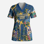 Parramatta Eels Scrub Top Tropical Hibiscus Floral Pattern With Blue And Yellow Accents