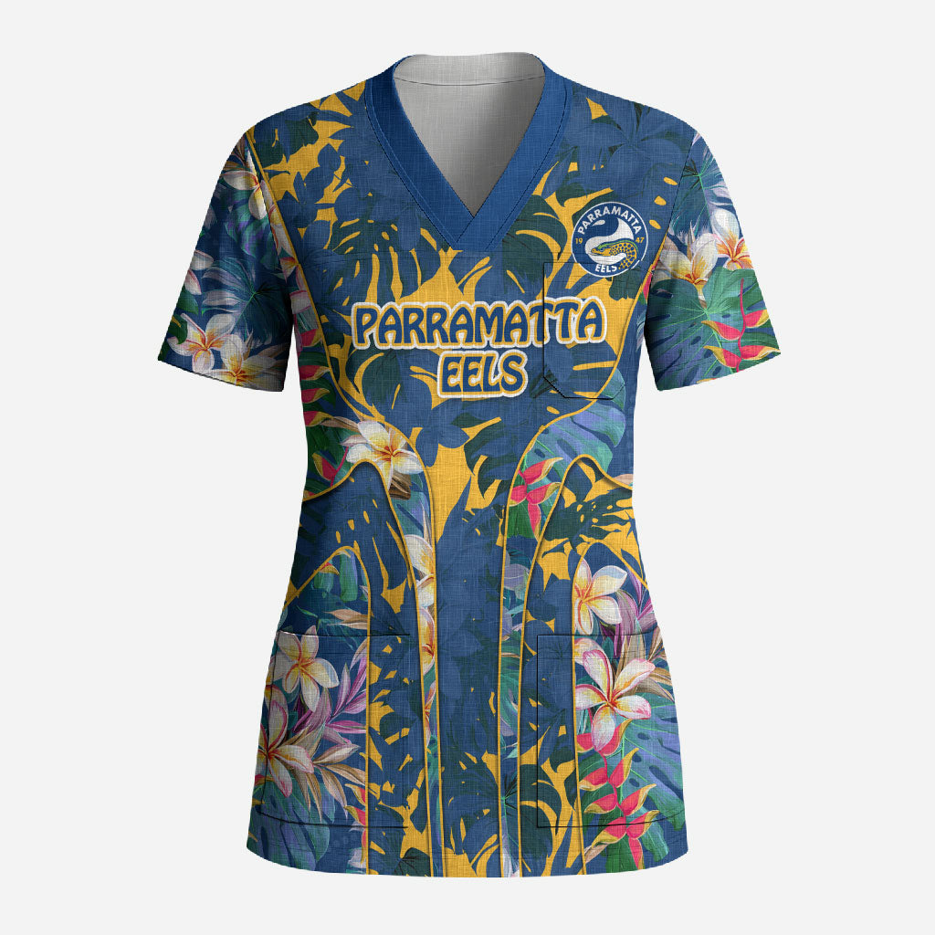 Parramatta Eels Scrub Top Tropical Hibiscus Floral Pattern With Blue And Yellow Accents