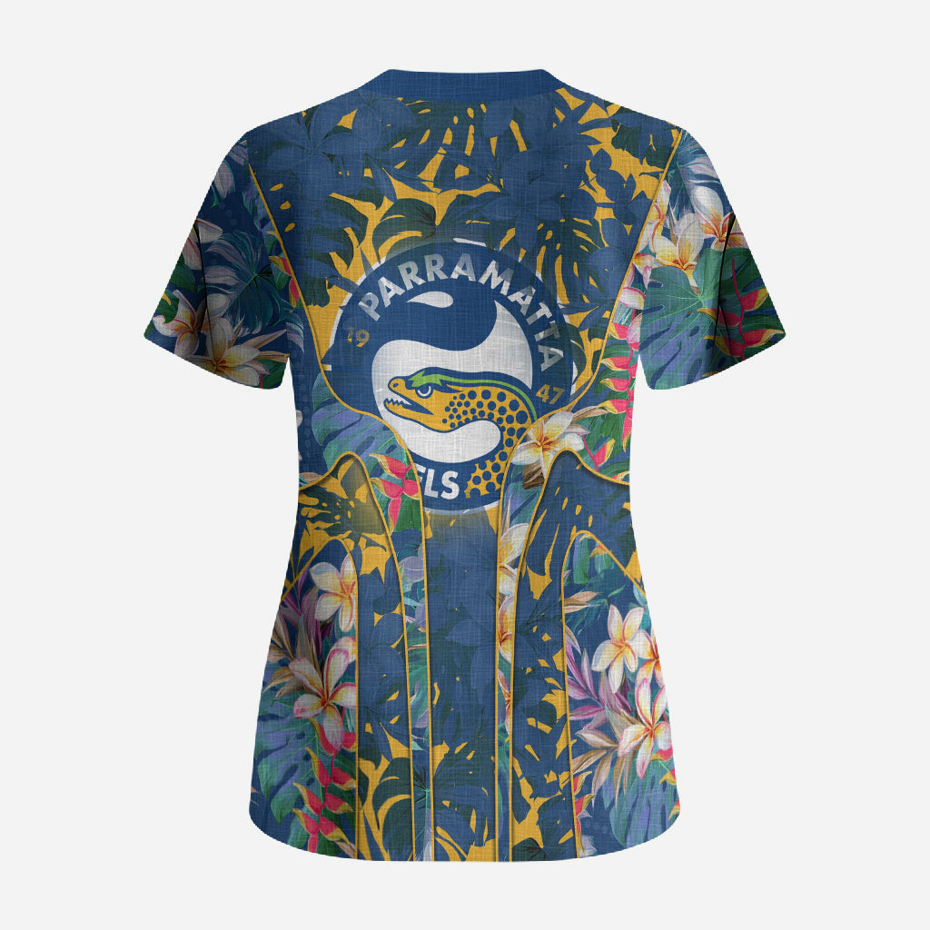 Parramatta Eels Scrub Top Tropical Hibiscus Floral Pattern With Blue And Yellow Accents