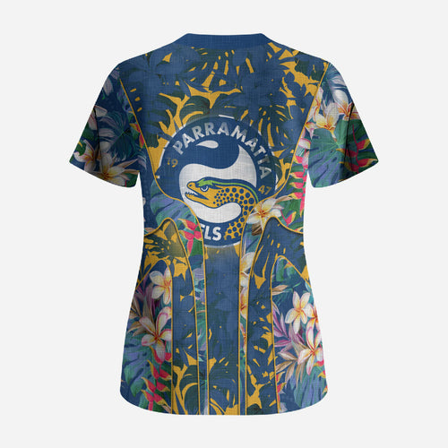 Parramatta Eels Scrub Top Tropical Hibiscus Floral Pattern With Blue And Yellow Accents