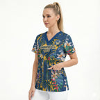 Parramatta Eels Scrub Top Tropical Hibiscus Floral Pattern With Blue And Yellow Accents