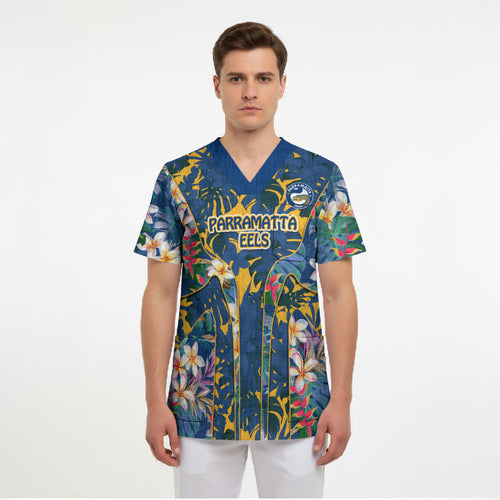 Parramatta Eels Scrub Top Tropical Hibiscus Floral Pattern With Blue And Yellow Accents