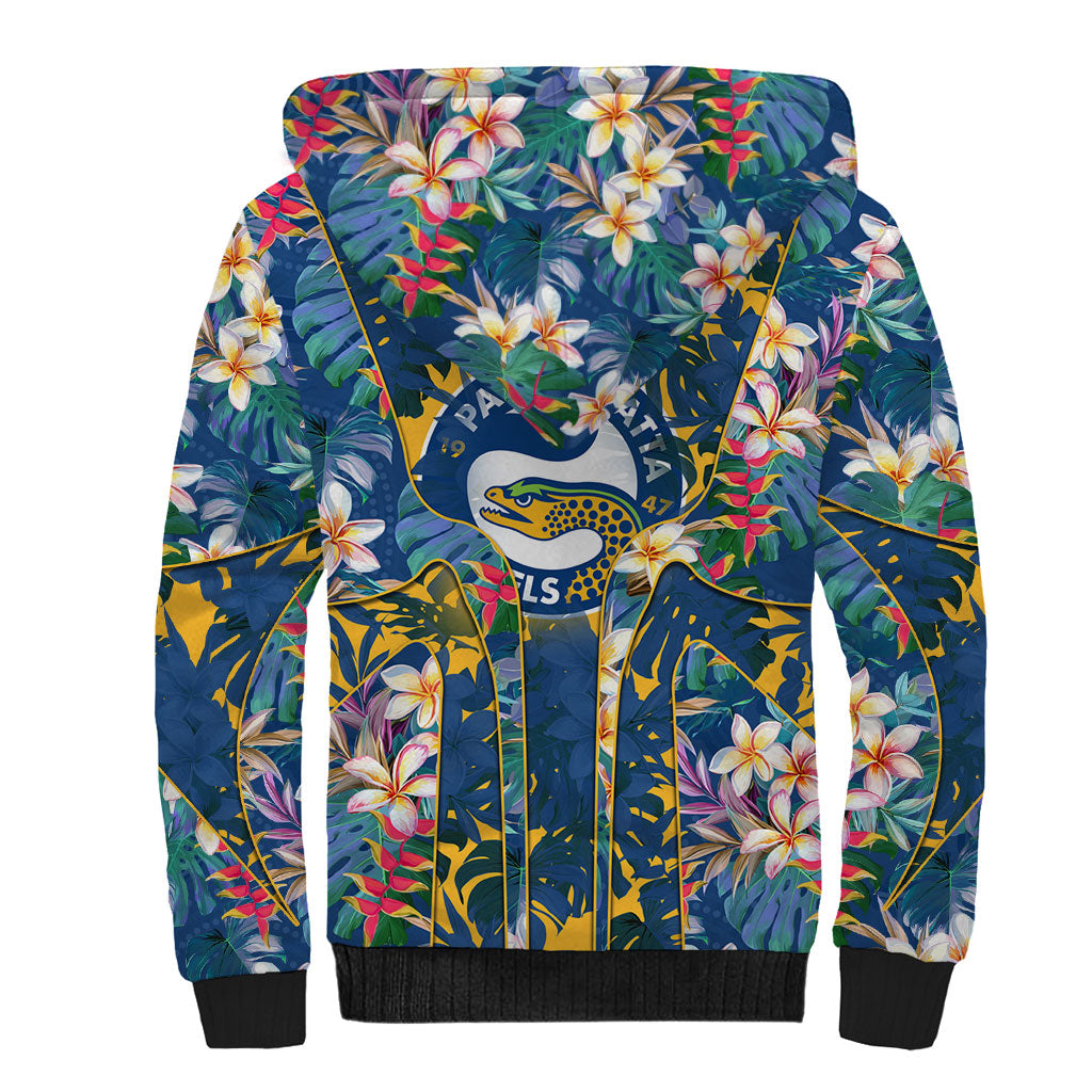 Parramatta Eels Sherpa Hoodie Tropical Hibiscus Floral Pattern With Blue And Yellow Accents