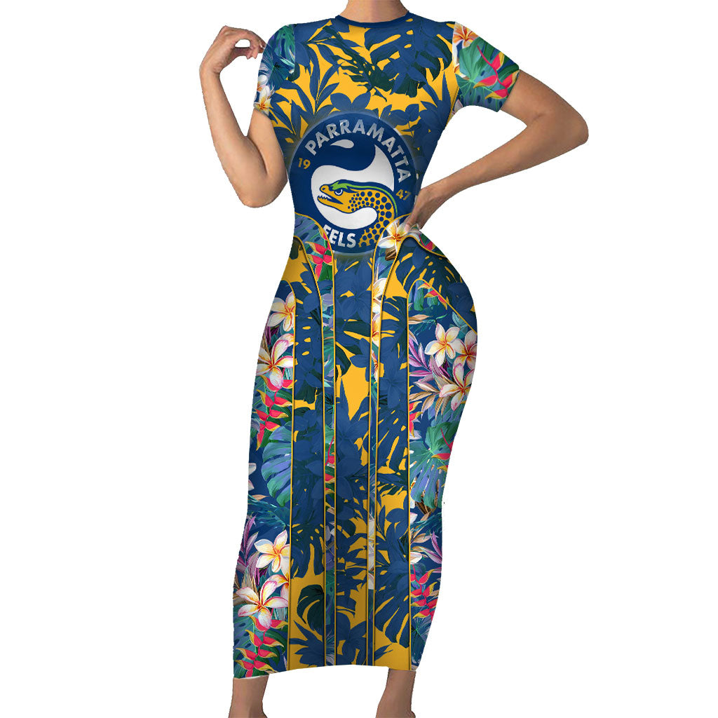 Parramatta Eels Short Sleeve Bodycon Dress Tropical Hibiscus Floral Pattern With Blue And Yellow Accents
