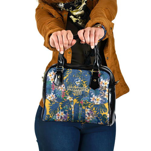 Parramatta Eels Shoulder Handbag Tropical Hibiscus Floral Pattern With Blue And Yellow Accents
