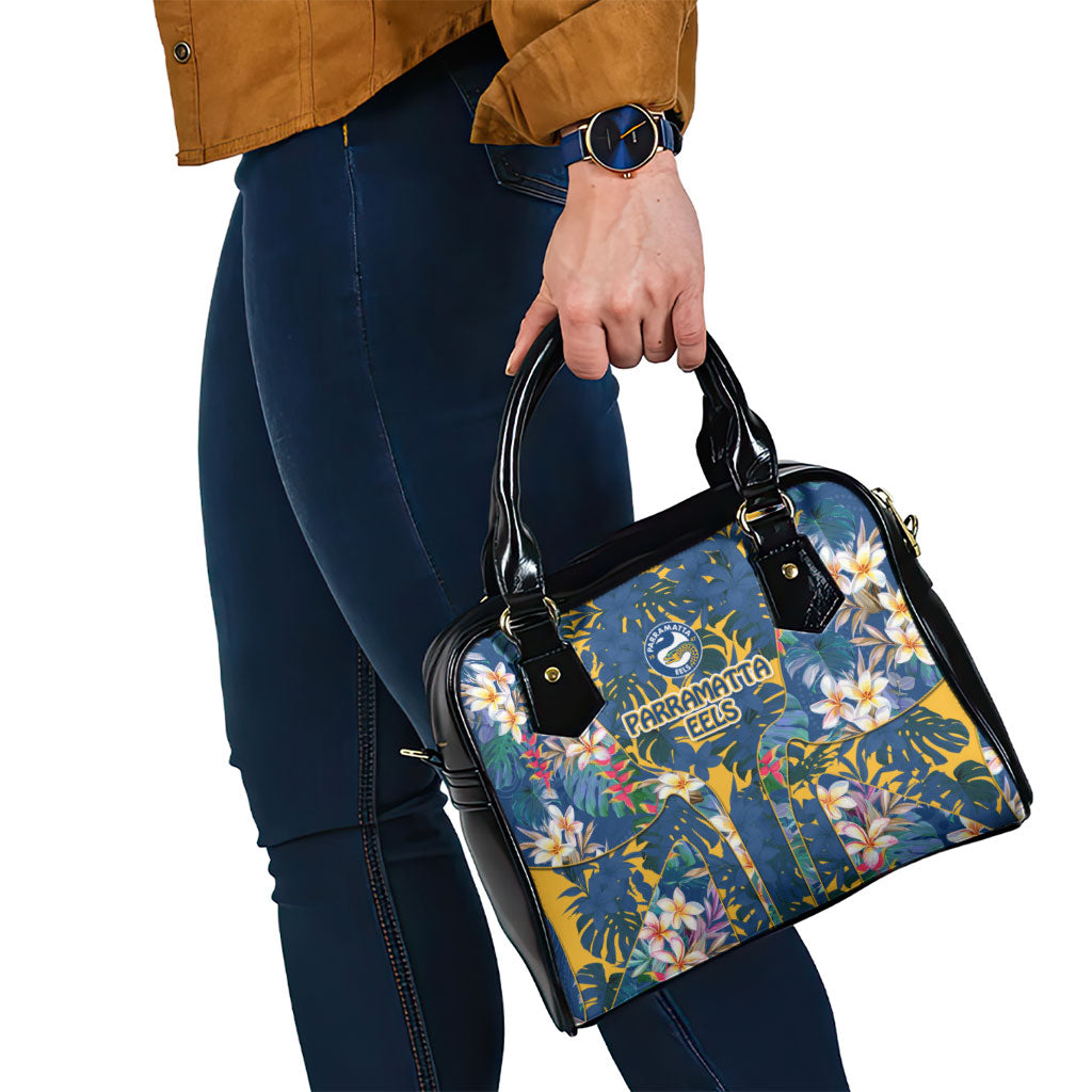 Parramatta Eels Shoulder Handbag Tropical Hibiscus Floral Pattern With Blue And Yellow Accents