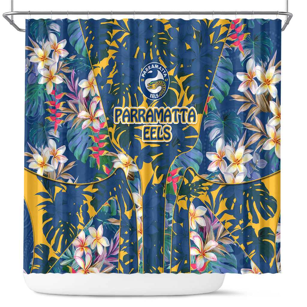 Parramatta Eels Shower Curtain Tropical Hibiscus Floral Pattern With Blue And Yellow Accents