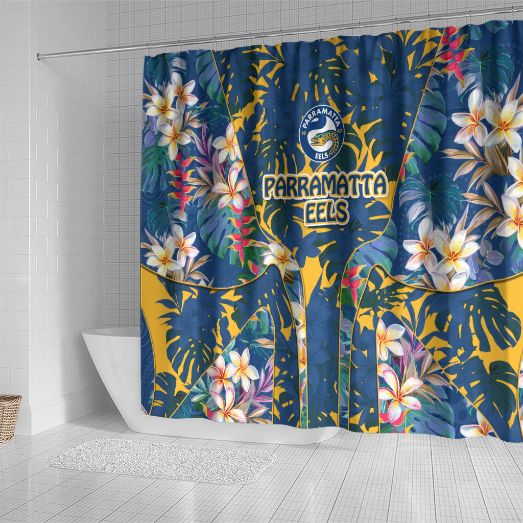 Parramatta Eels Shower Curtain Tropical Hibiscus Floral Pattern With Blue And Yellow Accents