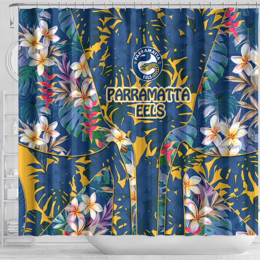 Parramatta Eels Shower Curtain Tropical Hibiscus Floral Pattern With Blue And Yellow Accents