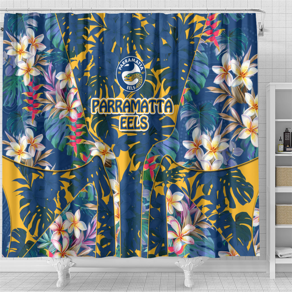 Parramatta Eels Shower Curtain Tropical Hibiscus Floral Pattern With Blue And Yellow Accents