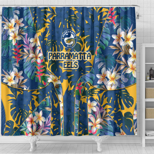 Parramatta Eels Shower Curtain Tropical Hibiscus Floral Pattern With Blue And Yellow Accents