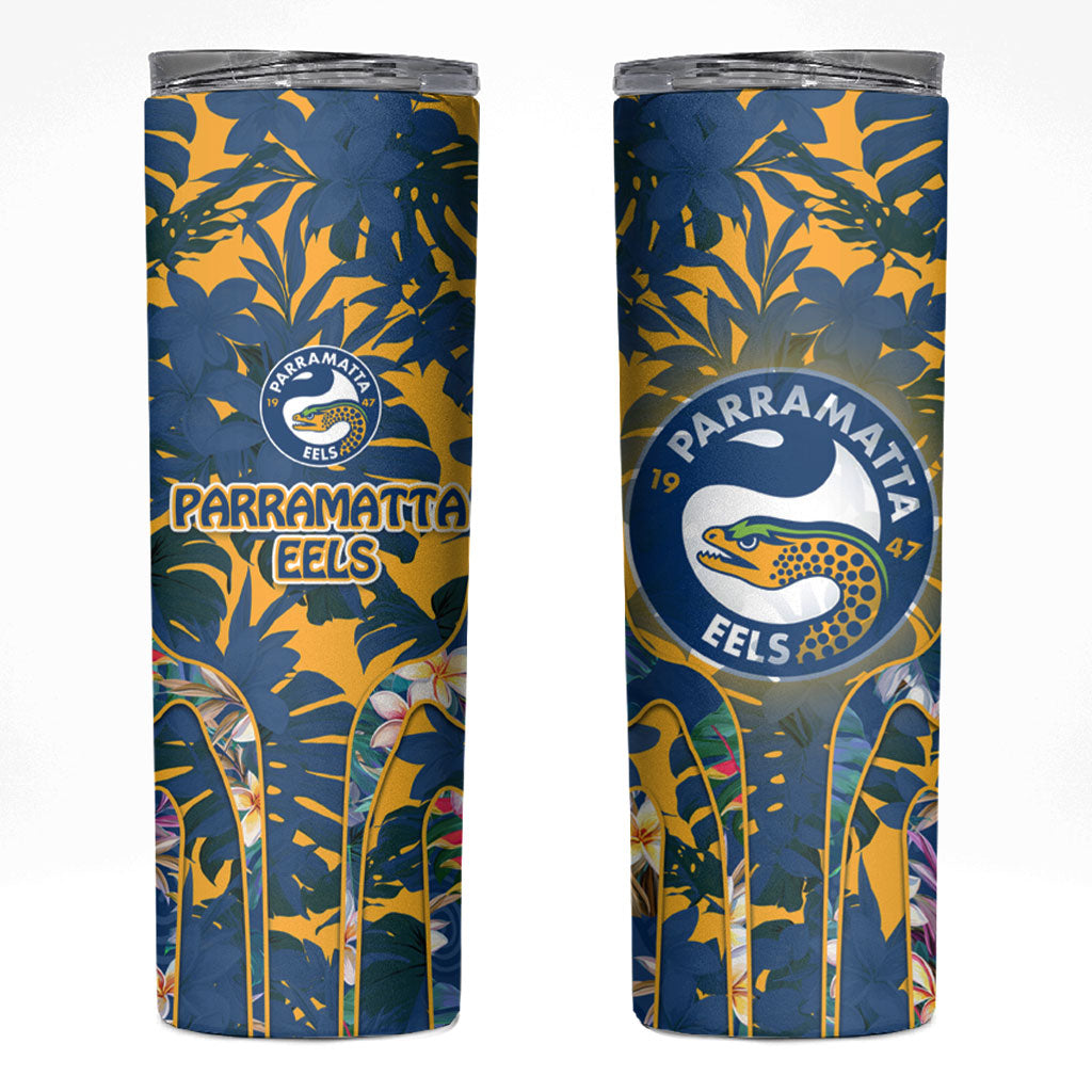Parramatta Eels Skinny Tumbler Tropical Hibiscus Floral Pattern With Blue And Yellow Accents