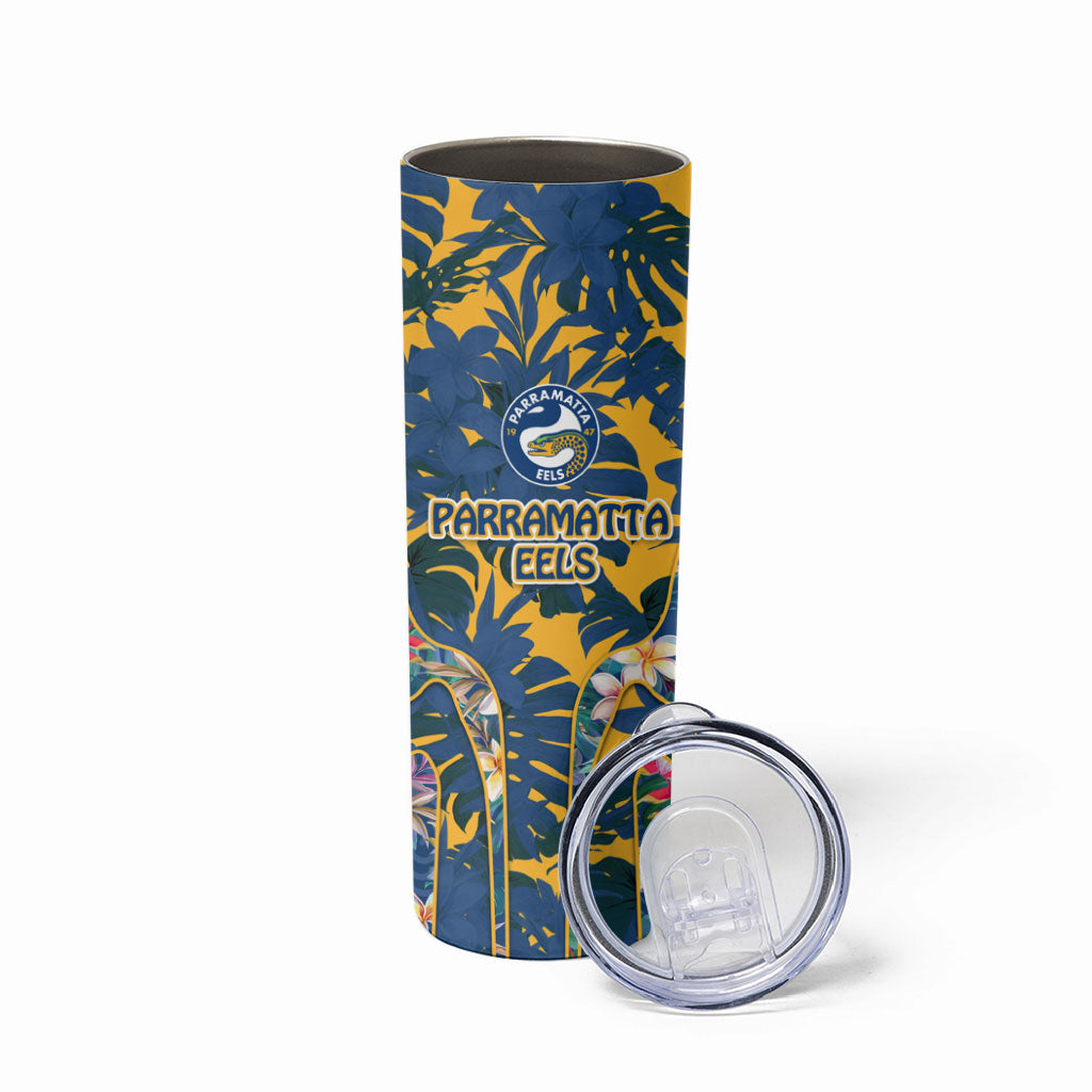 Parramatta Eels Skinny Tumbler Tropical Hibiscus Floral Pattern With Blue And Yellow Accents