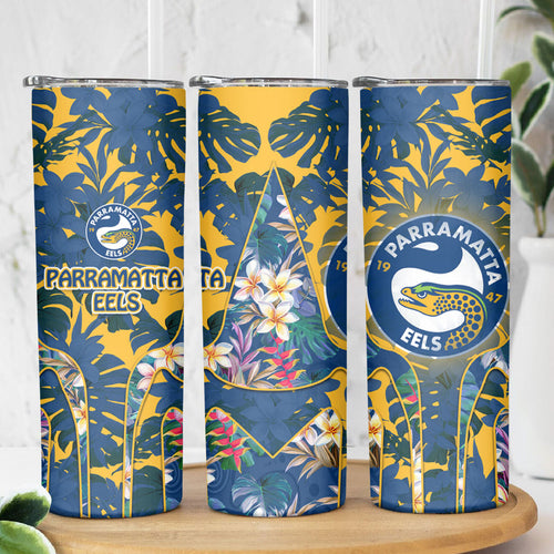 Parramatta Eels Skinny Tumbler Tropical Hibiscus Floral Pattern With Blue And Yellow Accents