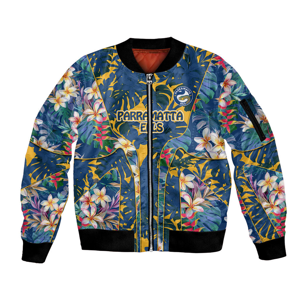Parramatta Eels Sleeve Zip Bomber Jacket Tropical Hibiscus Floral Pattern With Blue And Yellow Accents