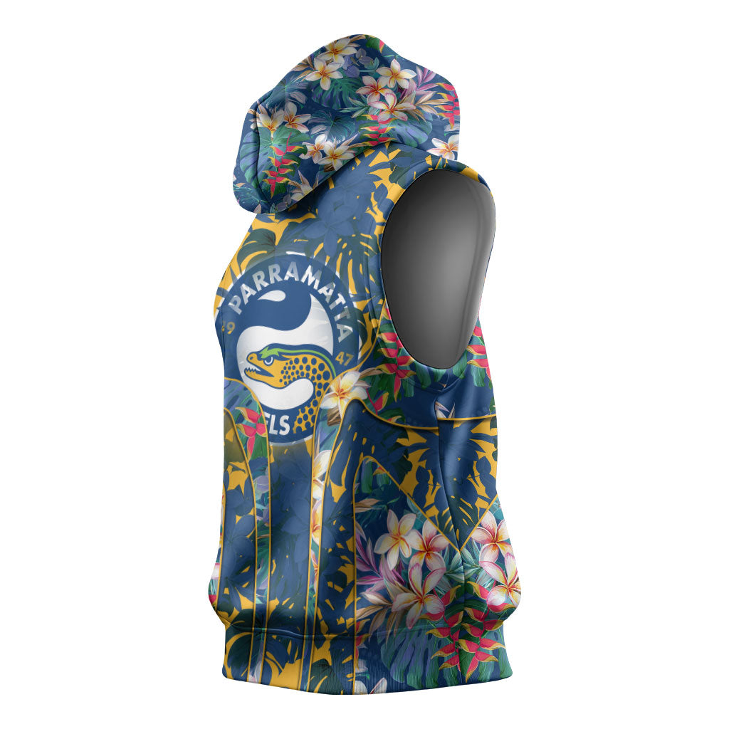 Parramatta Eels Sleeveless Hoodie Tropical Hibiscus Floral Pattern With Blue And Yellow Accents
