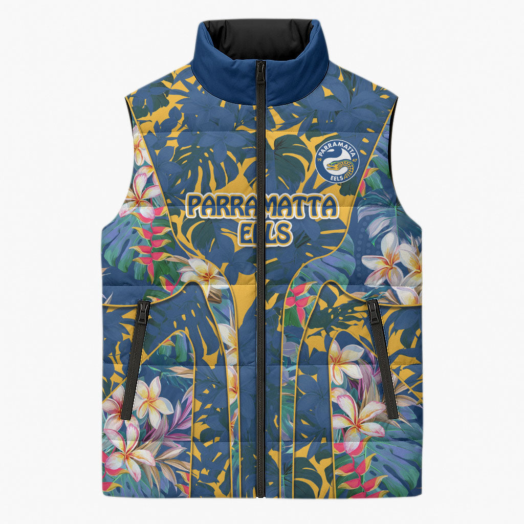 Parramatta Eels Sleeveless Puffer Jacket Tropical Hibiscus Floral Pattern With Blue And Yellow Accents