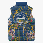 Parramatta Eels Sleeveless Puffer Jacket Tropical Hibiscus Floral Pattern With Blue And Yellow Accents