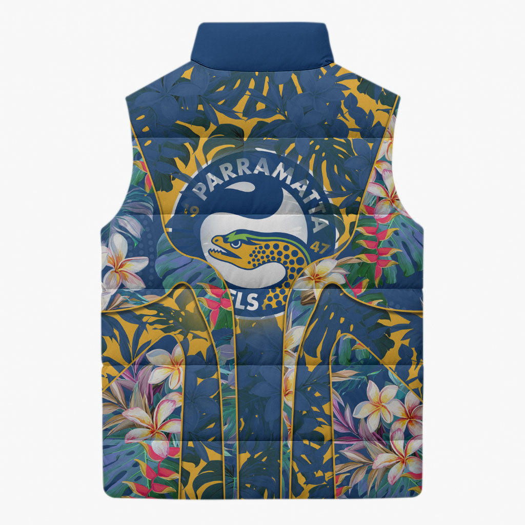 Parramatta Eels Sleeveless Puffer Jacket Tropical Hibiscus Floral Pattern With Blue And Yellow Accents
