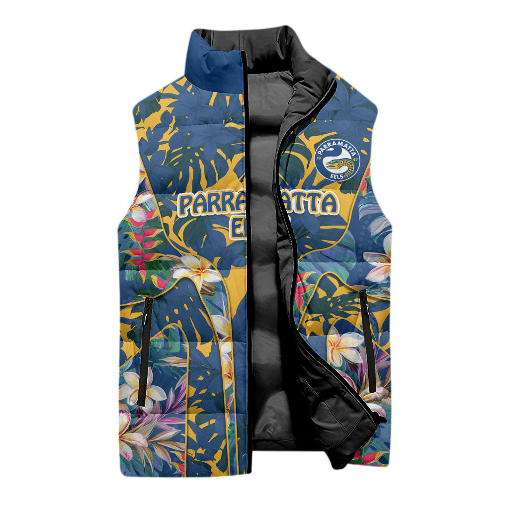 Parramatta Eels Sleeveless Puffer Jacket Tropical Hibiscus Floral Pattern With Blue And Yellow Accents