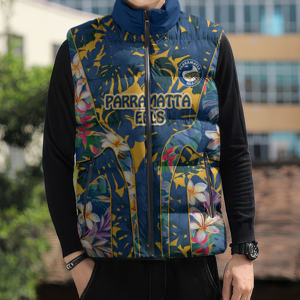 Parramatta Eels Sleeveless Puffer Jacket Tropical Hibiscus Floral Pattern With Blue And Yellow Accents