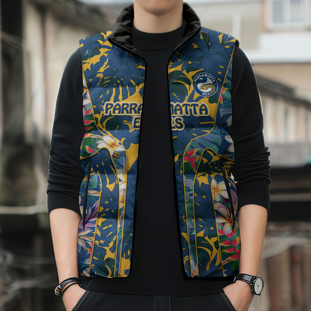 Parramatta Eels Sleeveless Puffer Jacket Tropical Hibiscus Floral Pattern With Blue And Yellow Accents