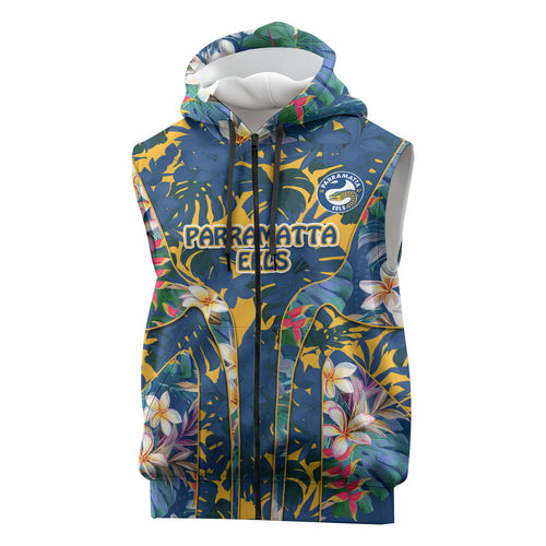 Parramatta Eels Sleeveless Zip Hoodie Tropical Hibiscus Floral Pattern With Blue And Yellow Accents