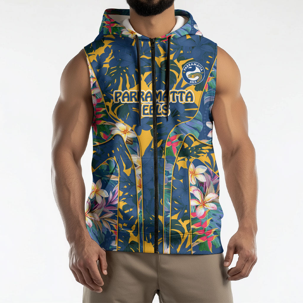 Parramatta Eels Sleeveless Zip Hoodie Tropical Hibiscus Floral Pattern With Blue And Yellow Accents