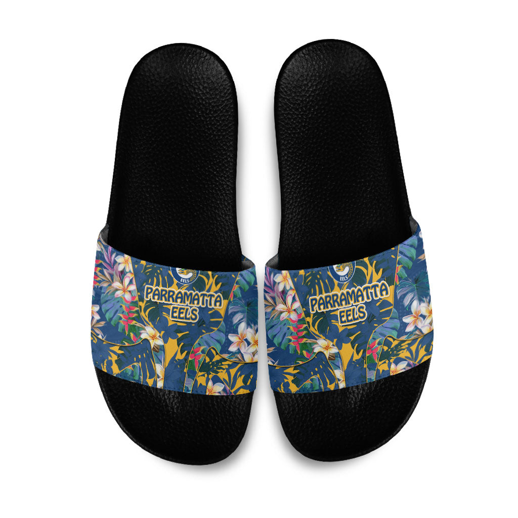 Parramatta Eels Slide Sandals Tropical Hibiscus Floral Pattern With Blue And Yellow Accents