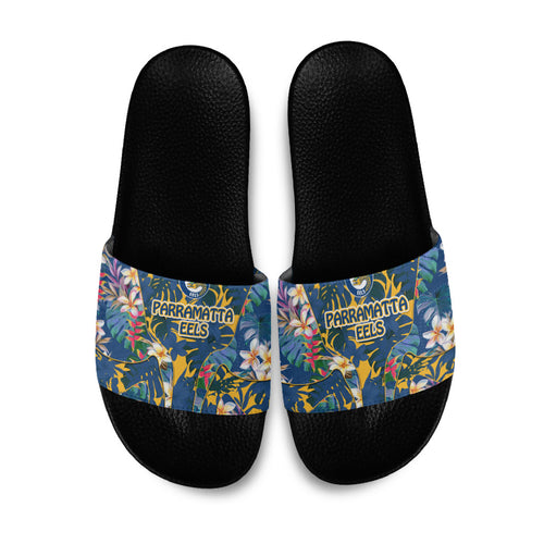 Parramatta Eels Slide Sandals Tropical Hibiscus Floral Pattern With Blue And Yellow Accents