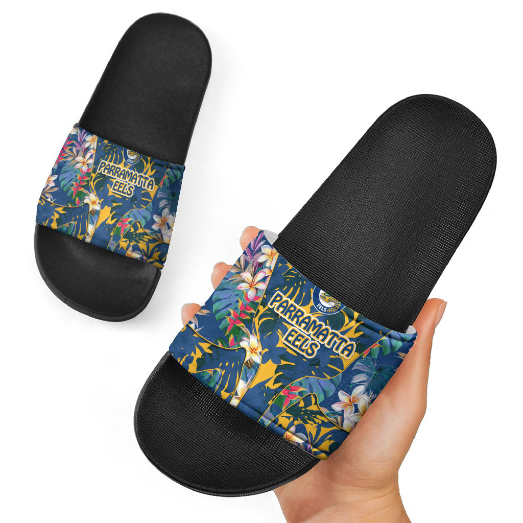 Parramatta Eels Slide Sandals Tropical Hibiscus Floral Pattern With Blue And Yellow Accents