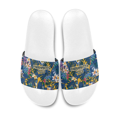 Parramatta Eels Slide Sandals Tropical Hibiscus Floral Pattern With Blue And Yellow Accents