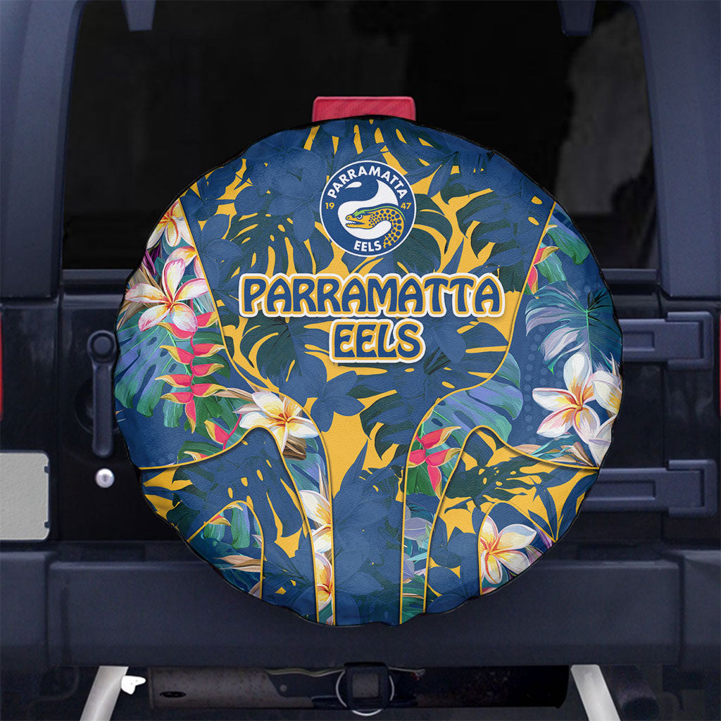 Parramatta Eels Spare Tire Cover Tropical Hibiscus Floral Pattern With Blue And Yellow Accents