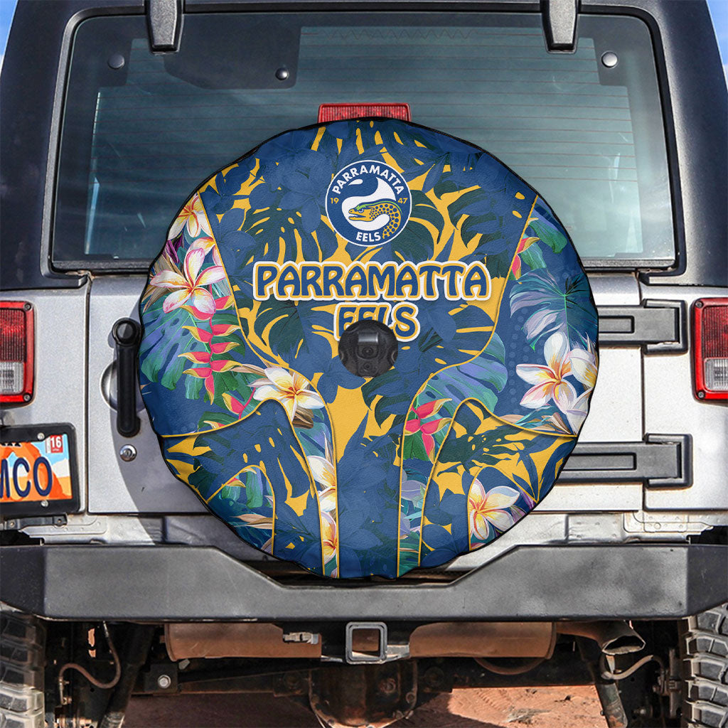 Parramatta Eels Spare Tire Cover Tropical Hibiscus Floral Pattern With Blue And Yellow Accents